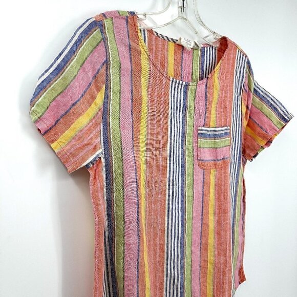 C&C California Colorful Striped Summer Top Round Neck  100% Linen Light Shirt - Picture 3 of 11